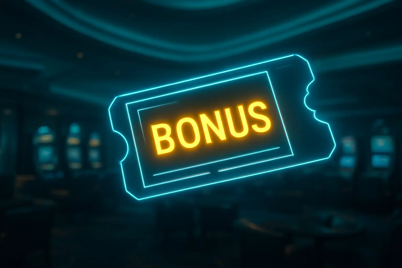Boarding pass shaped bonus ticket glowing with neon lights inside a luxury terminal casino lounge