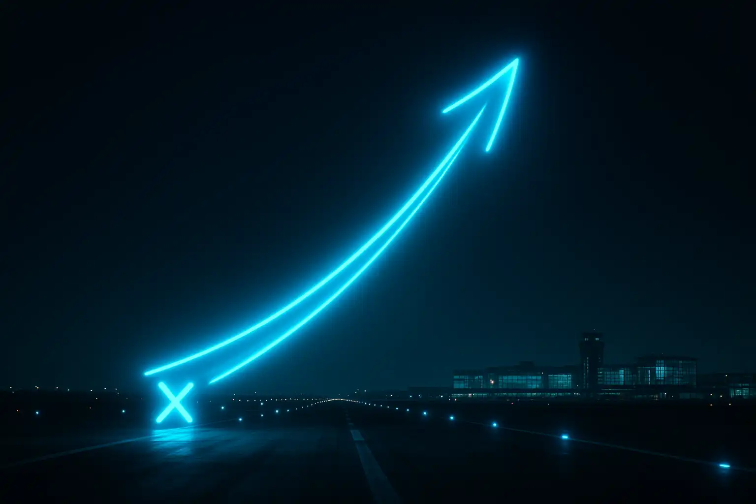 Neon multiplier curve rising like a jet trail against a night runway skyline