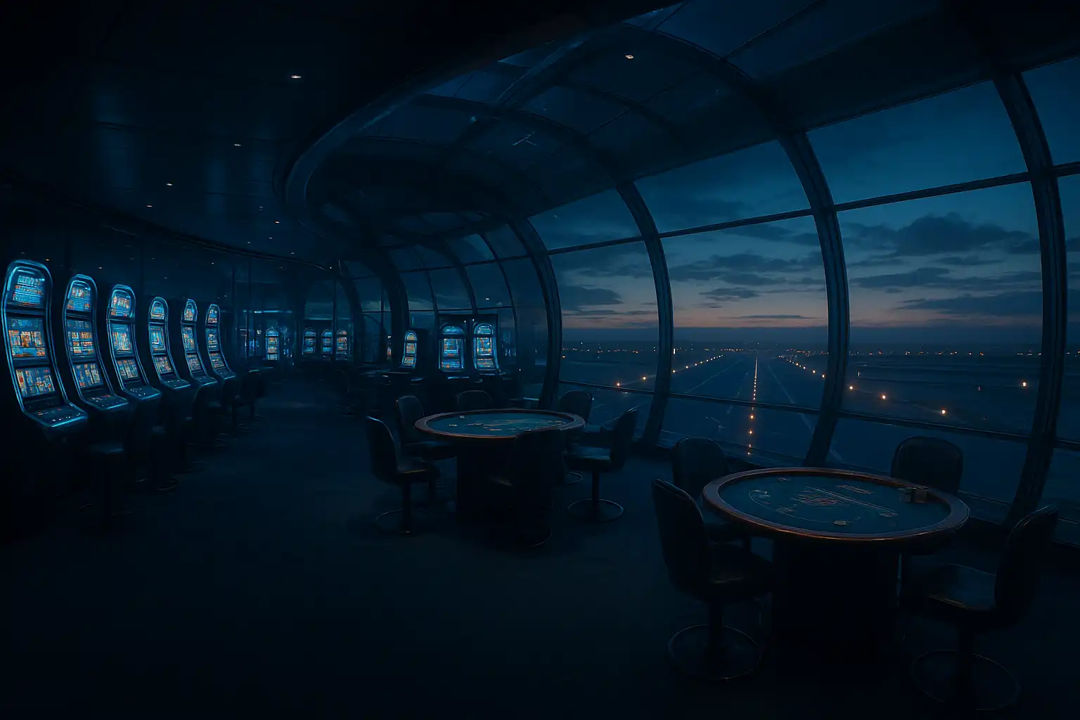 Casino floor viewed through a panoramic terminal window with runway lights at dusk