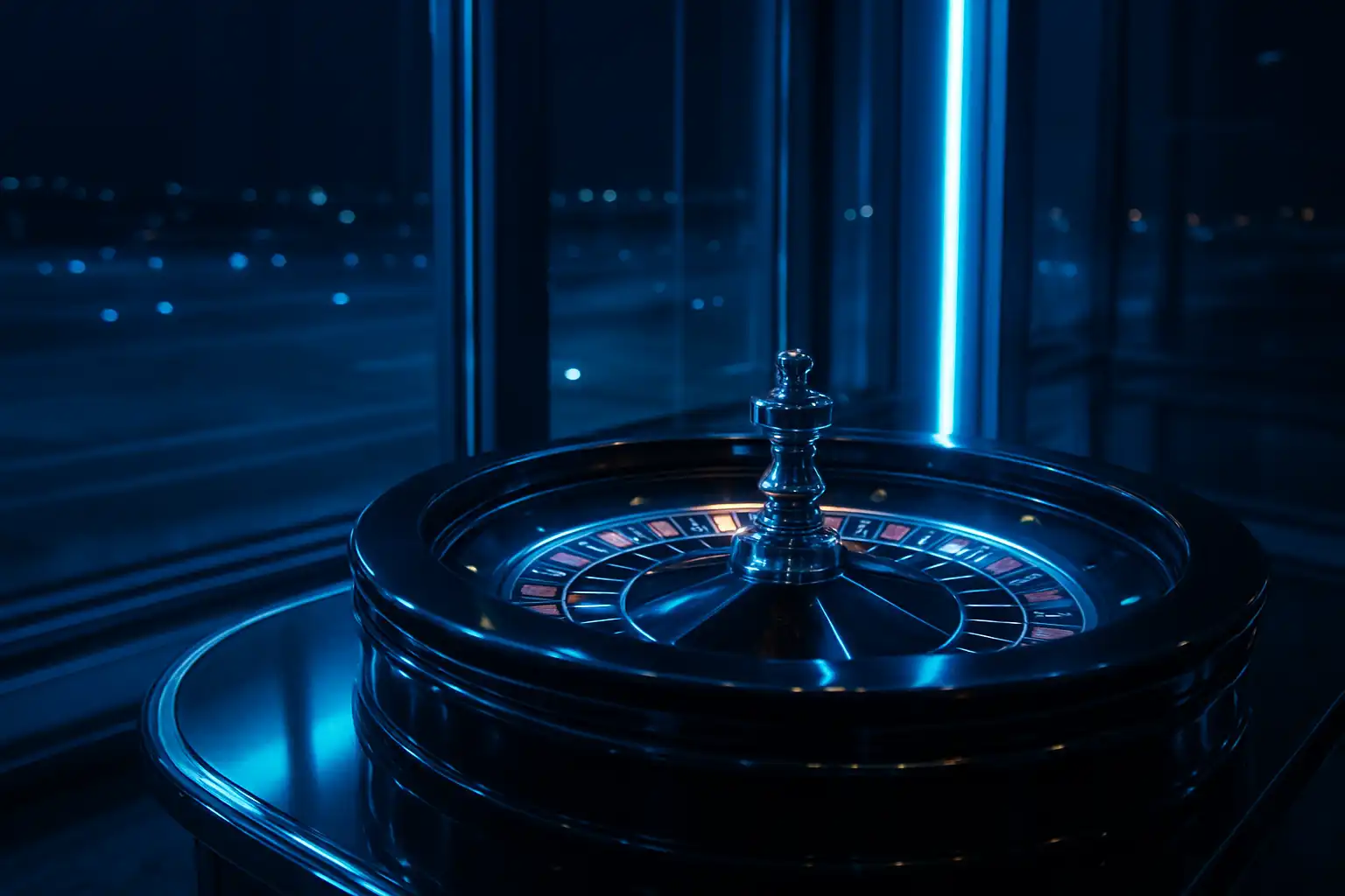 Roulette wheel spinning under blue ambient light beside a terminal lounge window